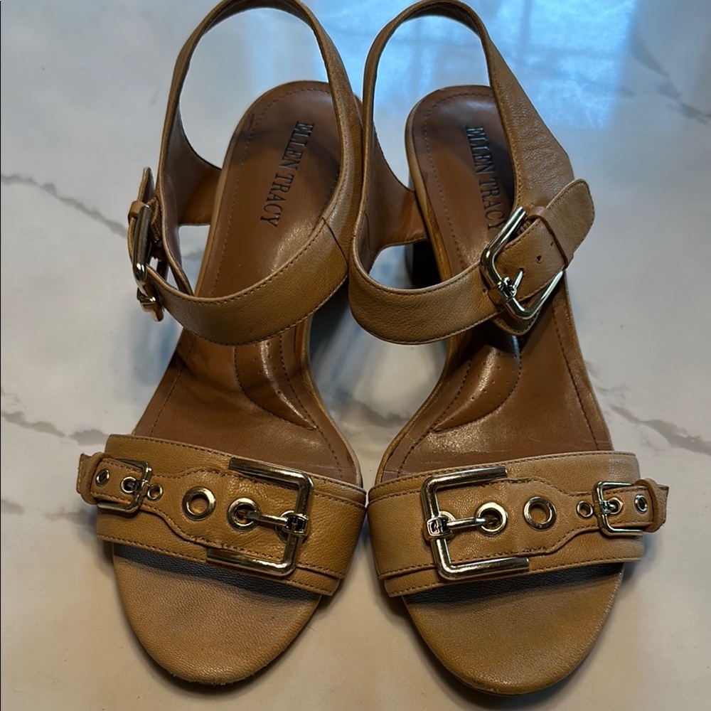 Ellen Tracy Camel Leather Sandals with Gold Buckles